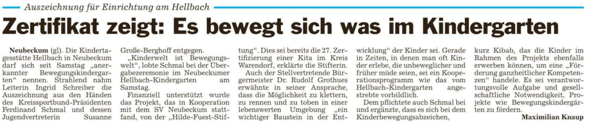 SV wird Kooperationspartner vom Hellbach-Kindergarten - SV Neubeckum